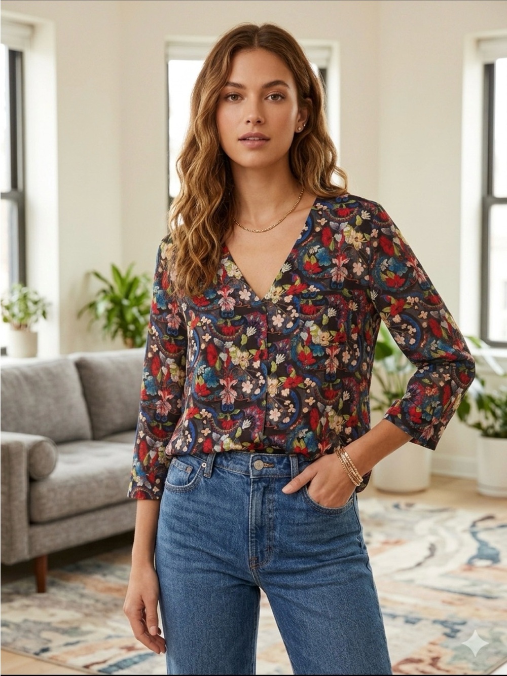 Alice + Olivia Silk Floral Medallion V-Neck Top Chiffon